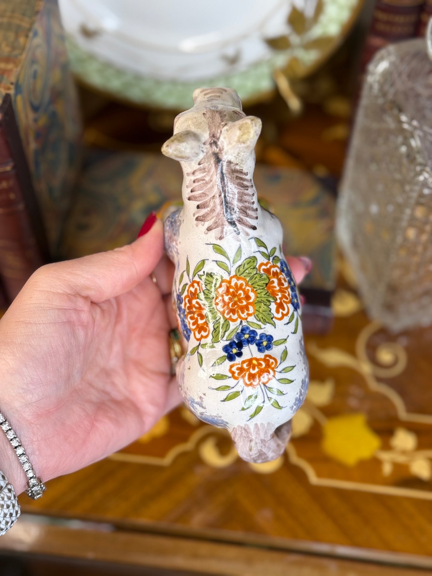 Antique French Faïence Donkey – Hand-Painted Desvres Pottery, Floral Saddle, c. 1880