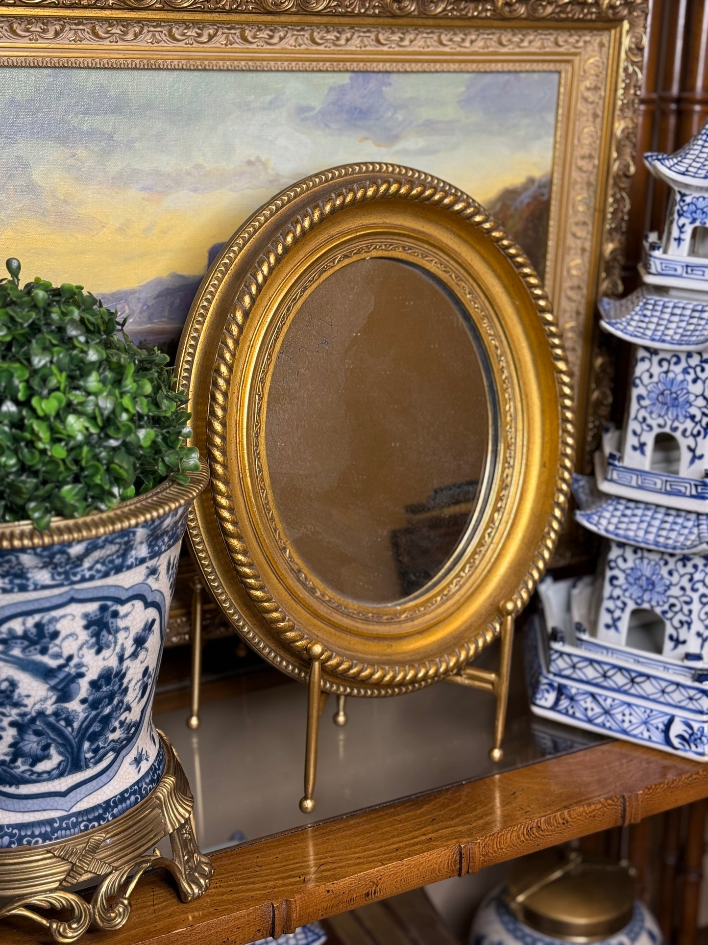 Antique 19th-Century Oval Giltwood Mirror with Rope Twist Frame: 15x13x2”