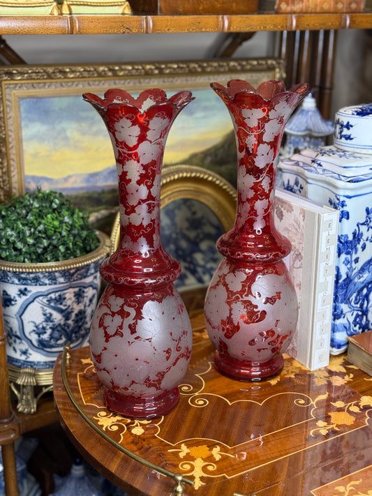Pair of Cranberry Glass Etched Vases with Scalloped Rim | 16” Tall | Imperfect