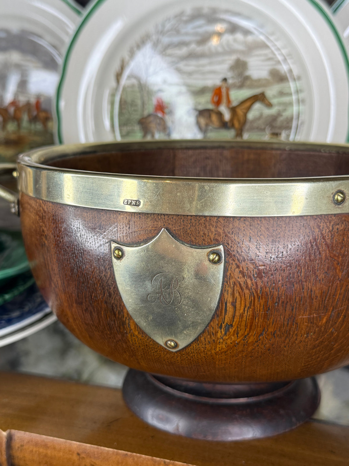 RESERVED - CGHOLL - Antique English Oak & EPNS Silver Plate Pedestal Trophy Bowl with Twin Handles & AB Monogram, c.1900, 14” W x 9” D x 6” H