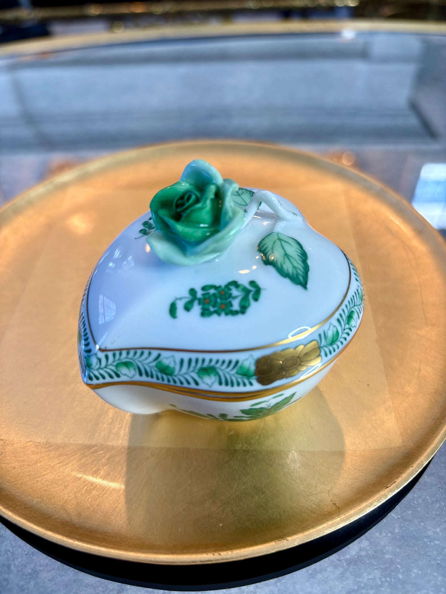 Reserved for LH Herend Green Apponyi Heart Shaped Box with Rose Finial