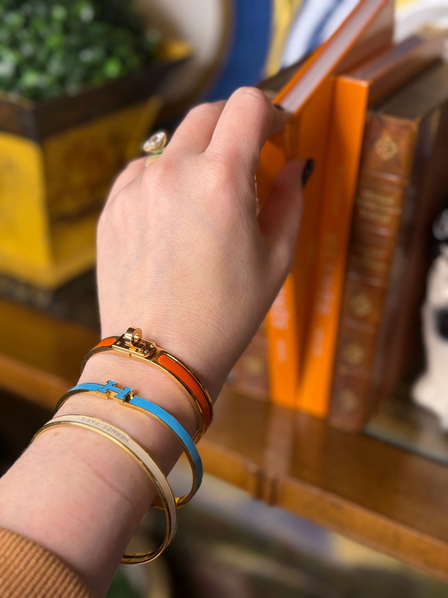 Turquoise Enamel “H” Gold Hinged Bangle Bracelet