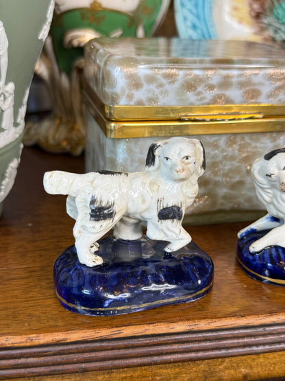 Antique Staffordshire Black & White Spaniel Dogs | Pair on Blue Cushions | Victorian English Pottery | 19th Century | DA4530