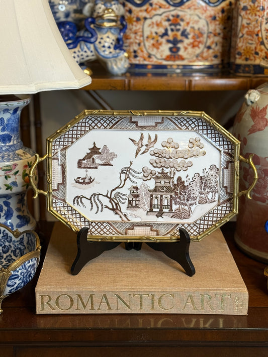 Danny’s Fine Porcelain - 15” x 8.75” x 2.5” Octagonal Willow Porcelain Tray with Bronze Handles