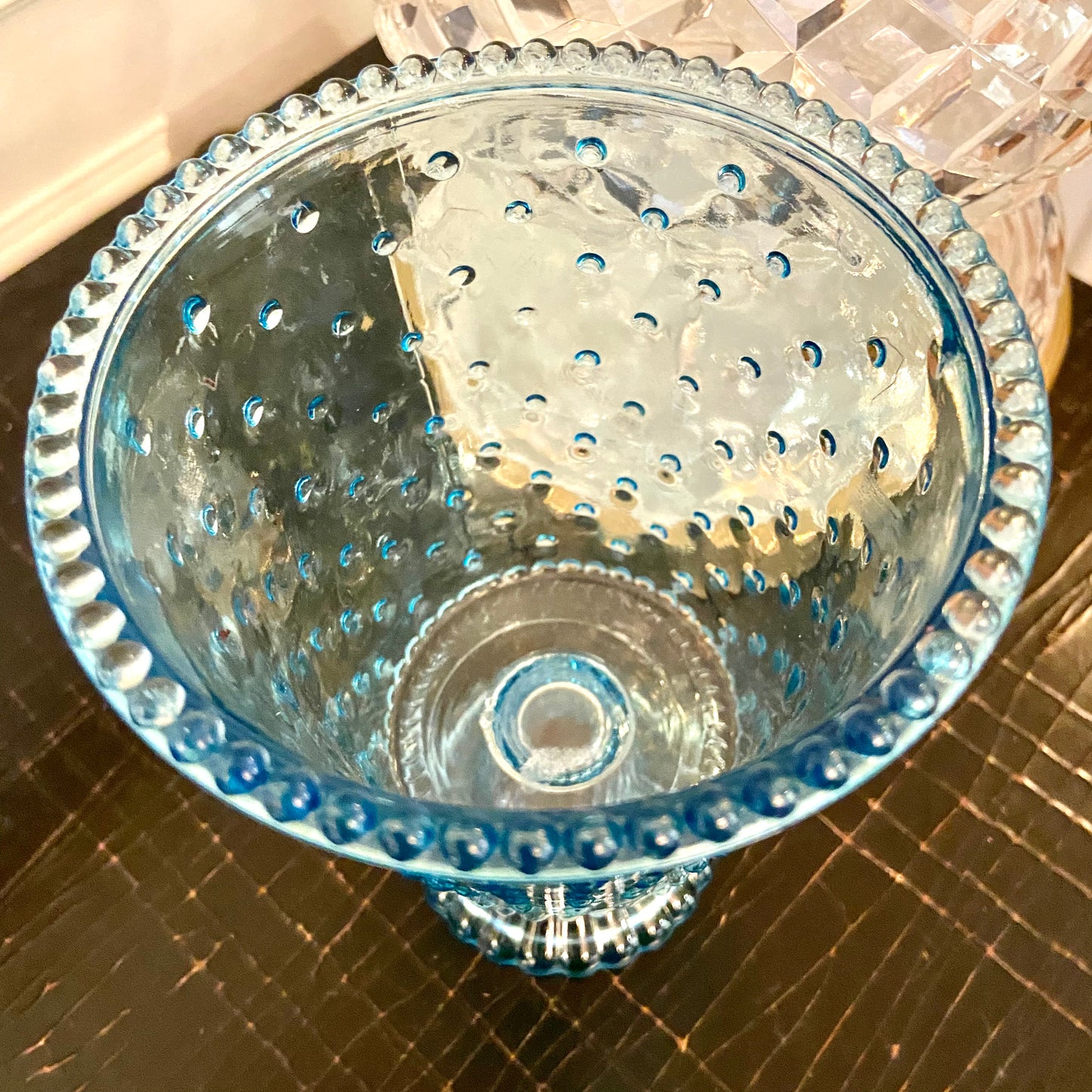 Vintage aqua blue footed bowl glass vase