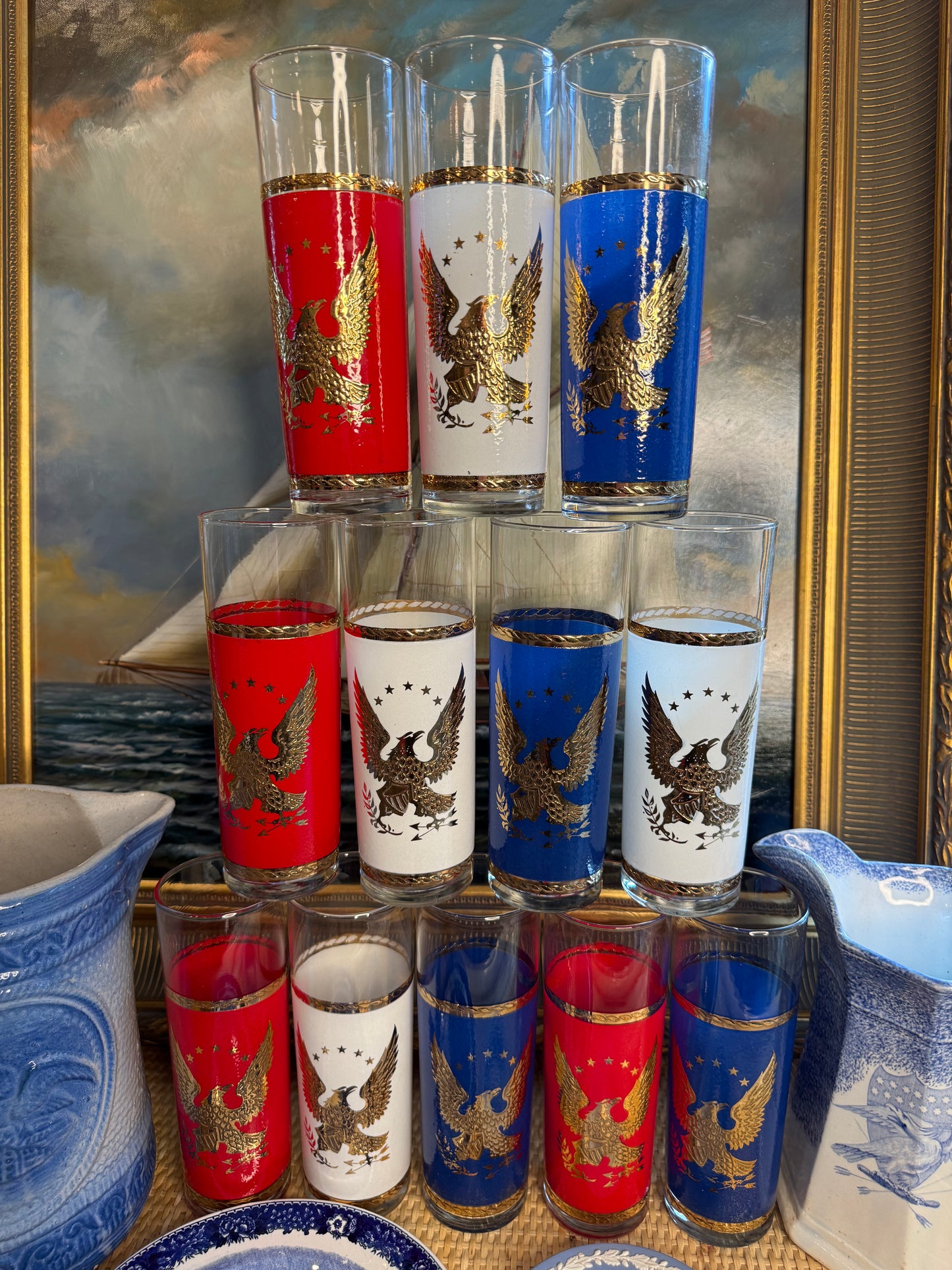 Reserved Mandy Live 6/22 - Set of 9 Vintage Patriotic Tom Collins Glasses