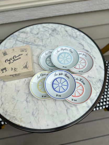 Vintage French Café Price Saucers (Tipping Plates) by Louis Lourioux for Le Faune | Complete Set of 6 with Original Box, circa 1940-1970