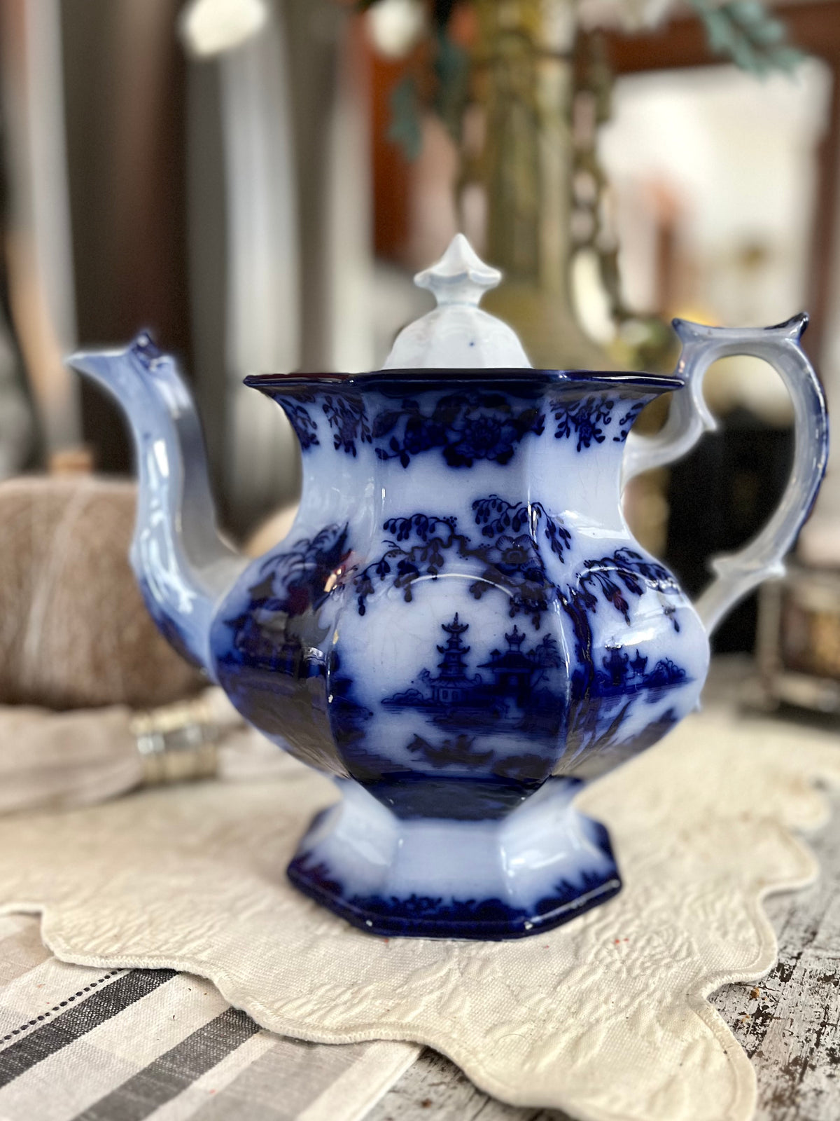 Jacob Furnival & Co. Shanghae Flow Blue Ironstone Teapot | England, Circa 1860