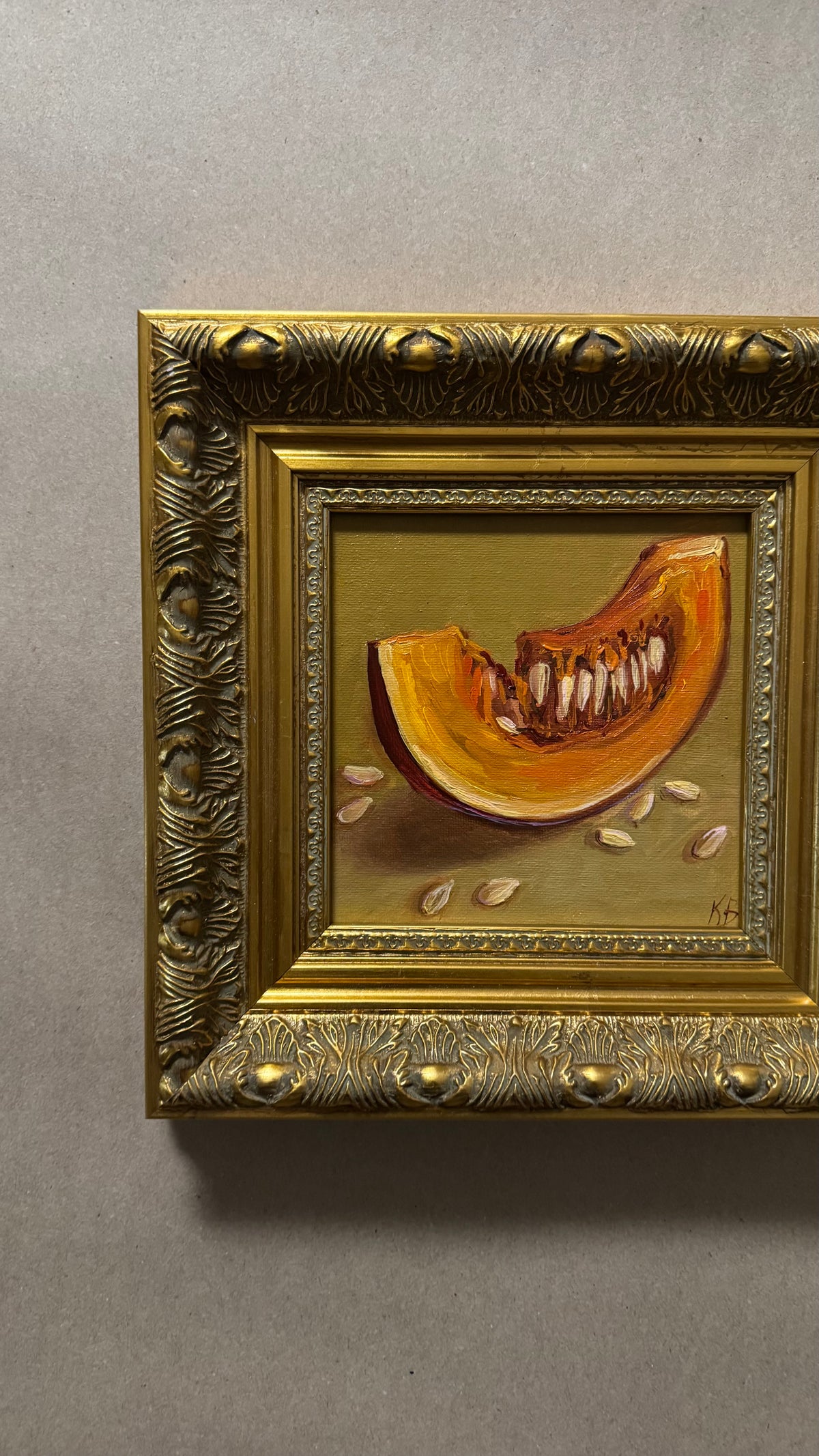 Original Pumpkin Slice Oil Painting in Ornate Gold Frame – 9.5 × 9.5 Inches