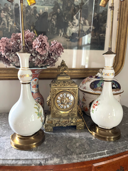 Stunning Pair of Adjustable Height Hand-Painted Porcelain Vase Lamps, Chelsea Bird Inspired - Early 20th Century