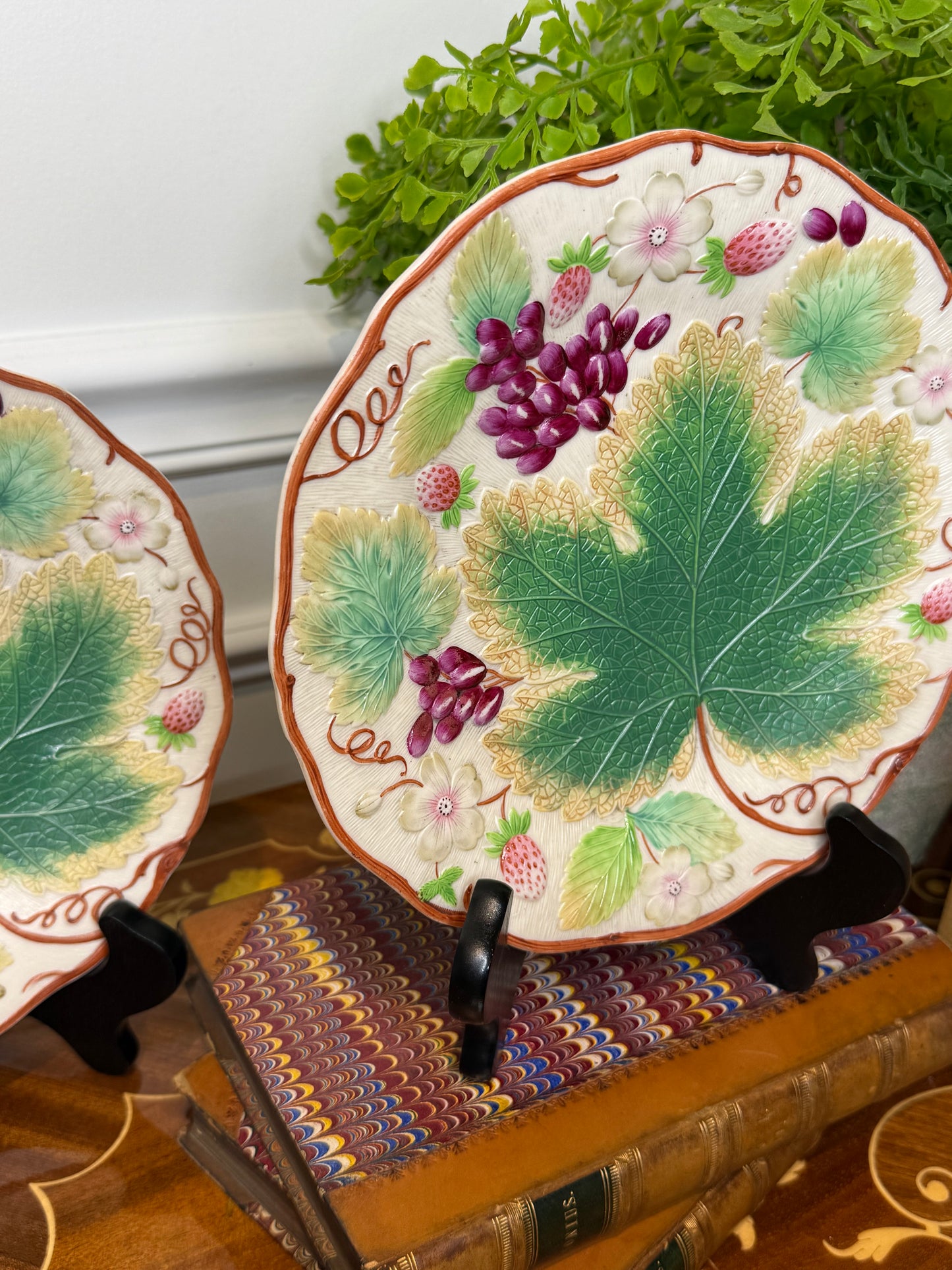 Pair of Antique Victorian Majolica-Style Botanical Plates | 8.5" Diameter