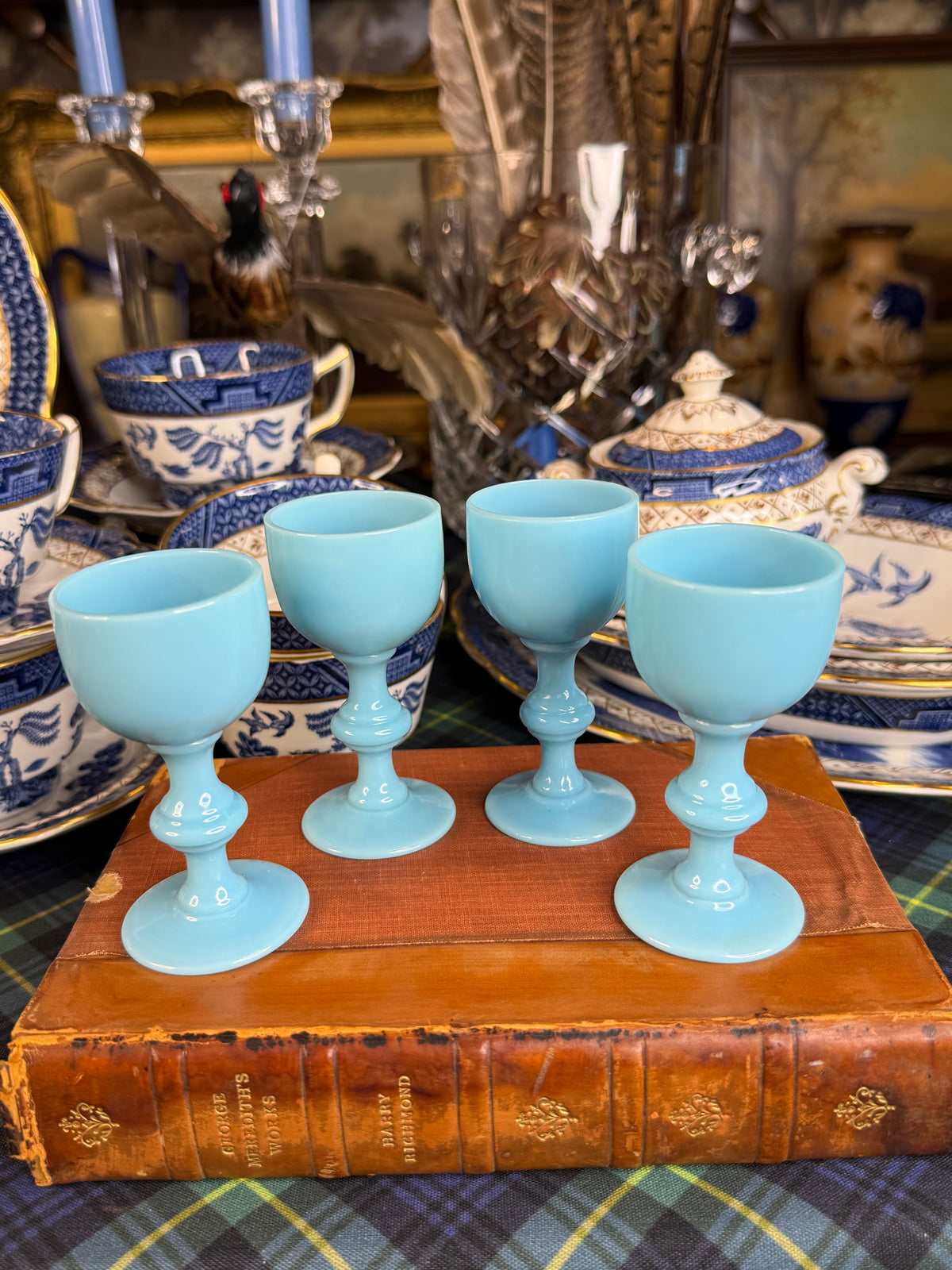 Vintage French Blue Opaline Glass Cordials | Set of 4 | Petite Stemmed Goblets | 3.25”