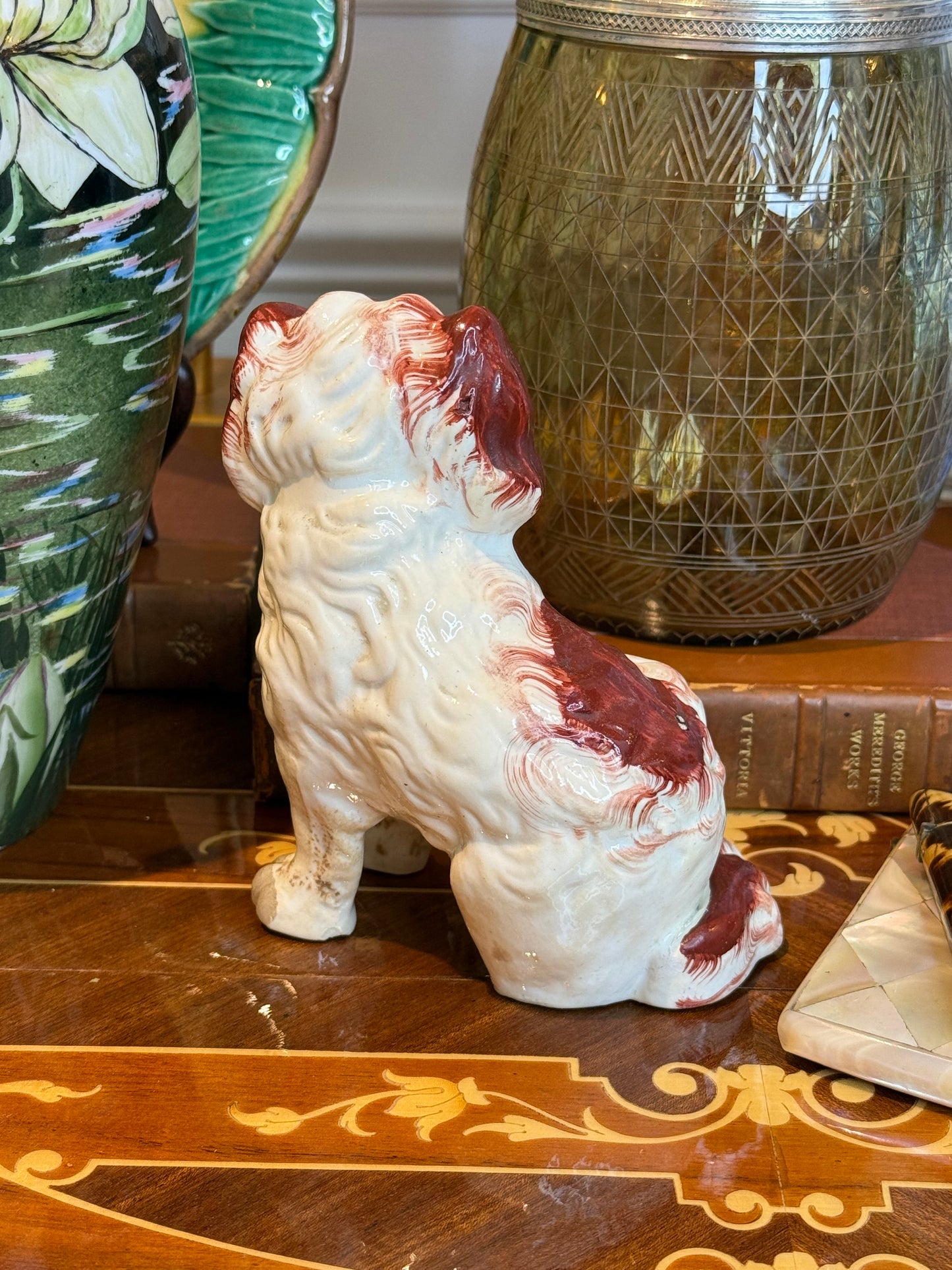 Antique Staffordshire Spaniel Figure c.1880–1900 Red & White Pottery Dog 5.5” Tall