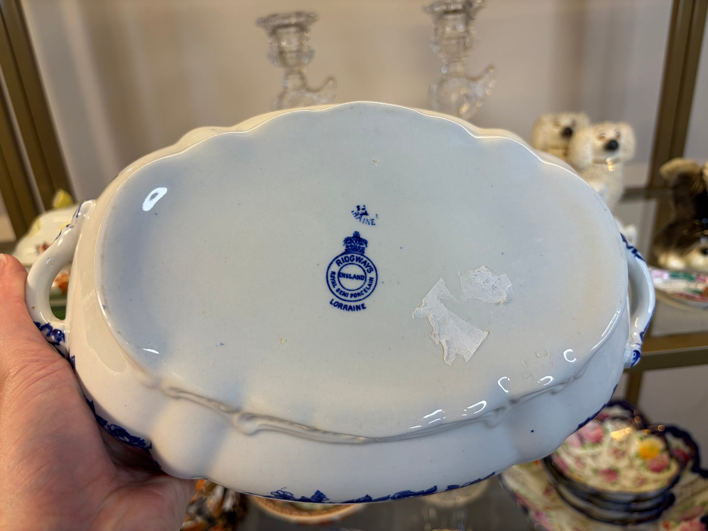 Stunning antique Ridgeways Royal Semi Porcelain lidded tureen in the Lorraine pattern, featuring intricate blue and white floral transferware and decorative side handles!