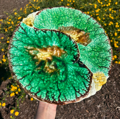 Stunning Majolica Begonia Leaf pedestal cake stand! As is! Measures 10 1/4” x 5.5”.