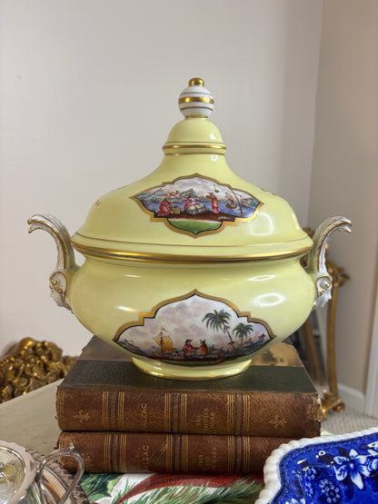Stunning Dresden lidded tureen with vivid scenes, gold detailing, and lovely handles!