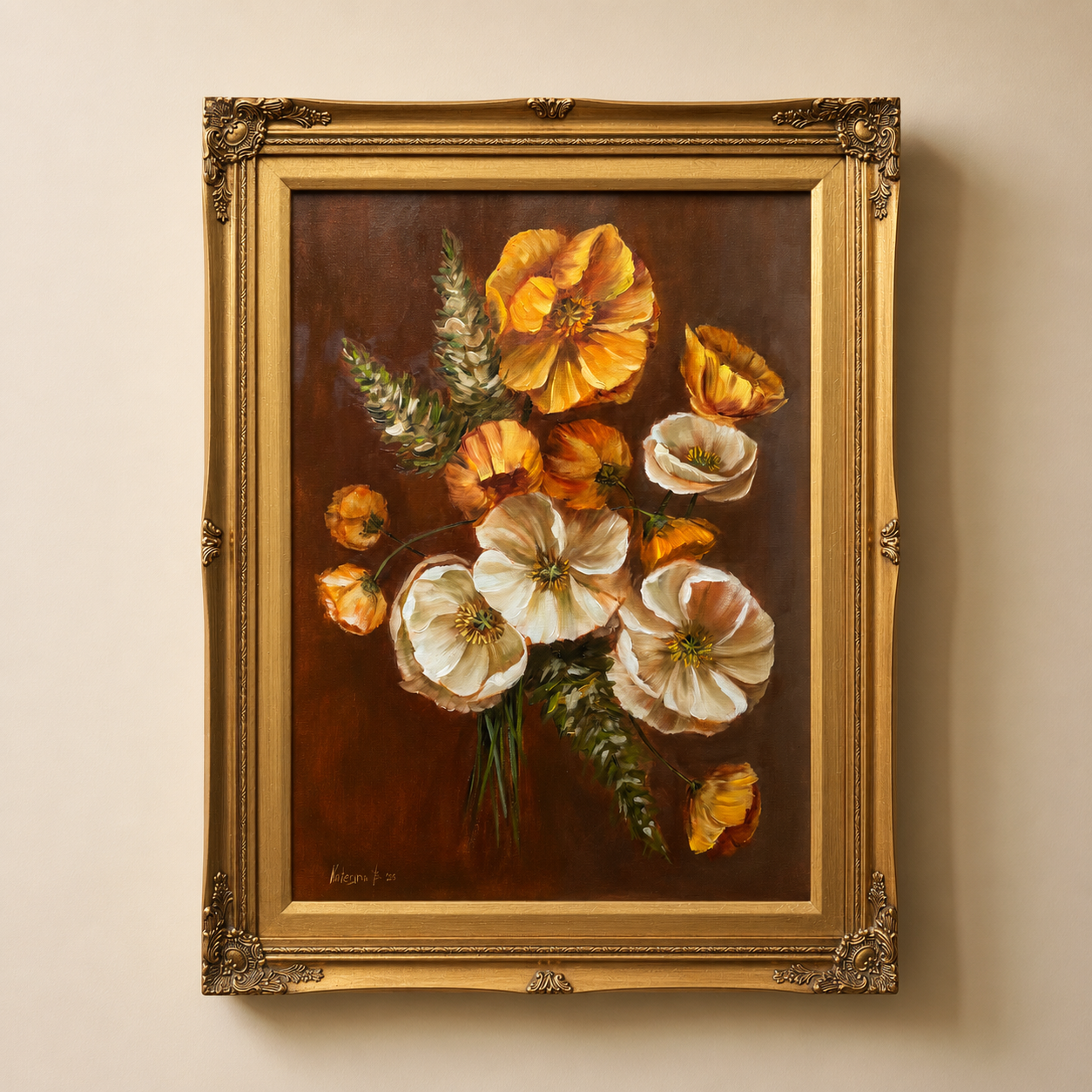 Yellow and white poppies bouquet original oil painting 23x29” framed