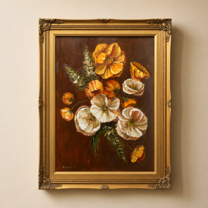 Yellow and white poppies bouquet original oil painting 23x29” framed