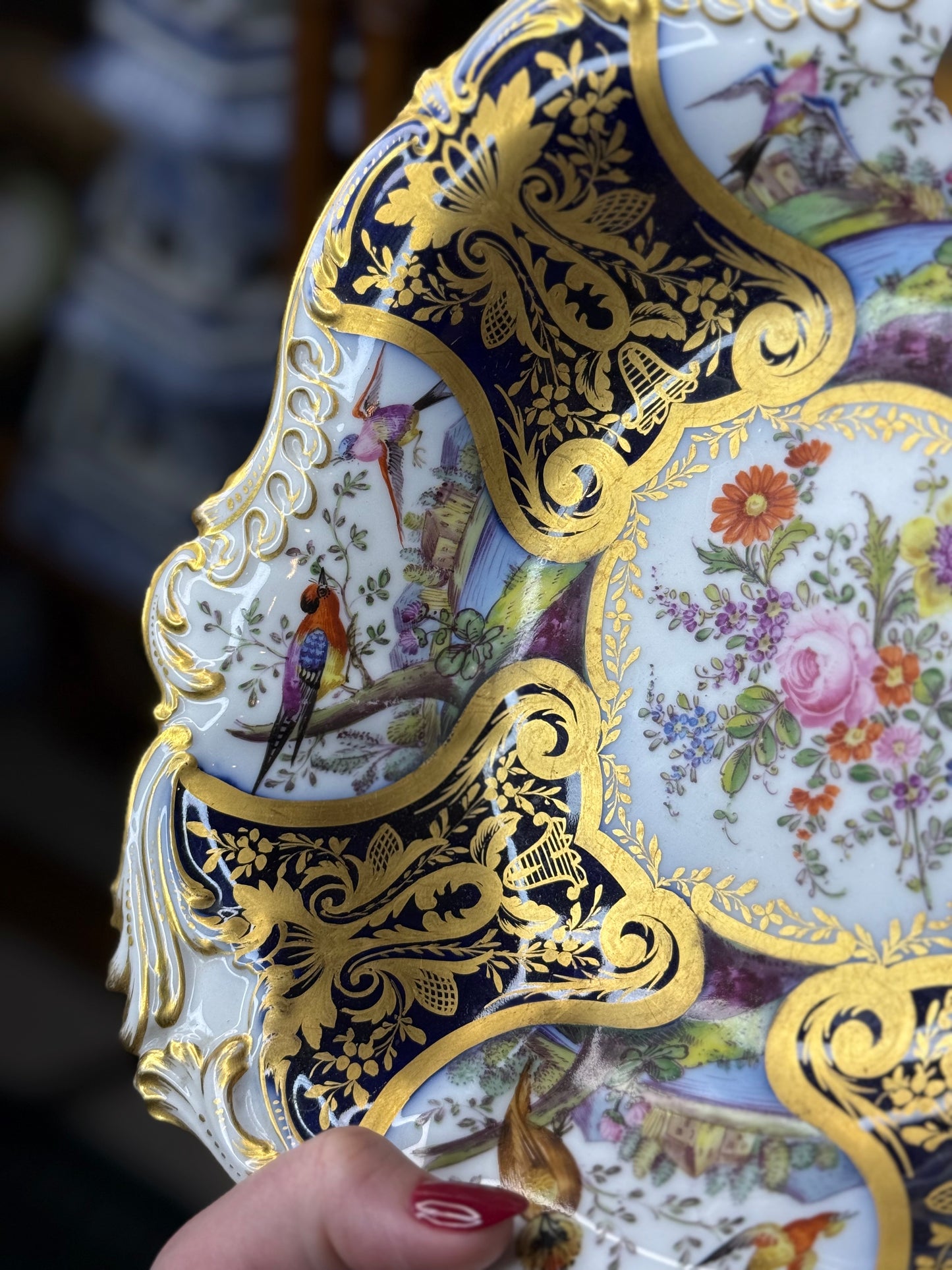 Old Paris (Samson) “Chelsea Bird” Porcelain Bowl – Hand Painted with Cobalt & Raised Gilt, 19th Century, 10 3/4x9.5”