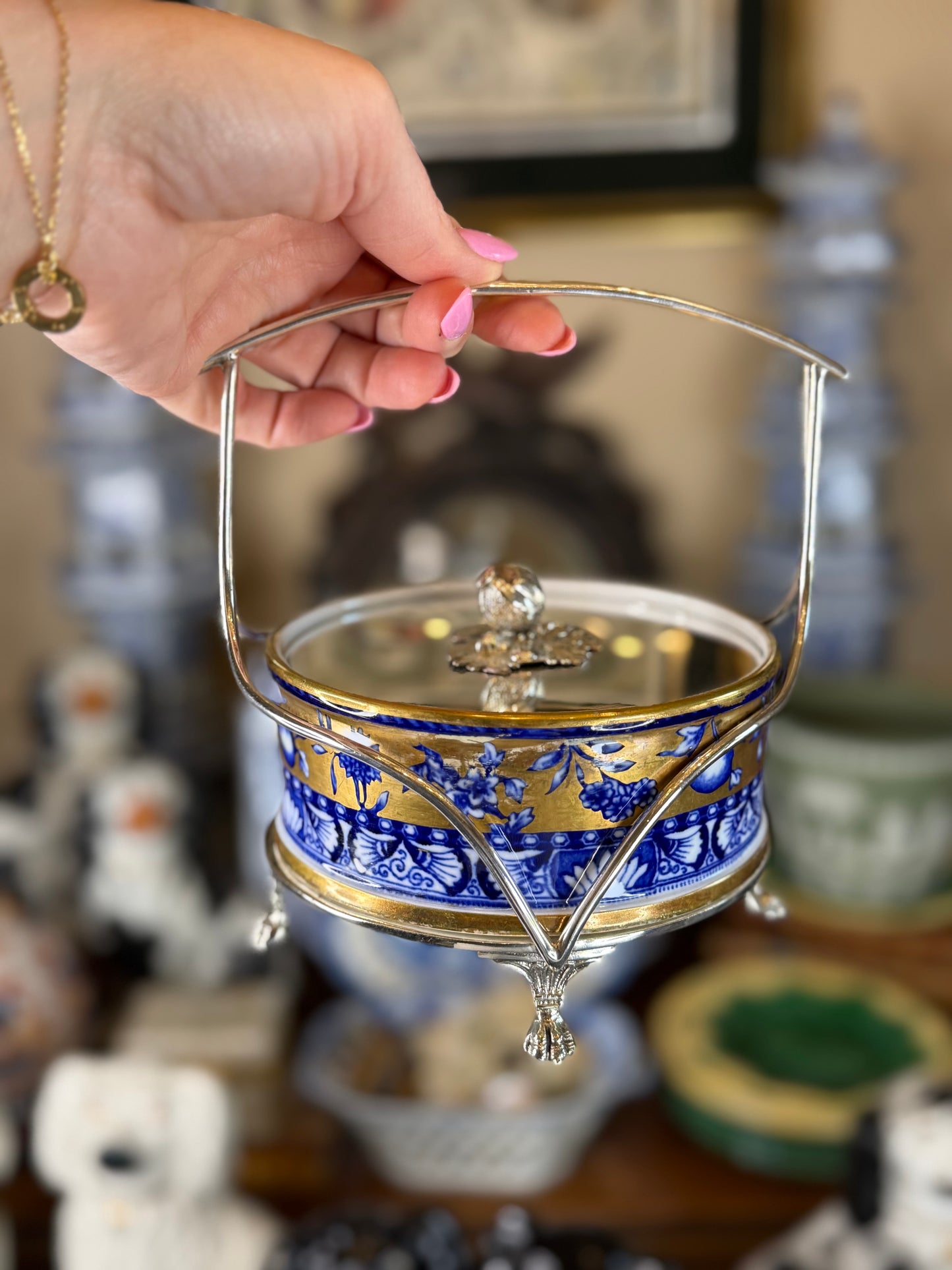 Antique Copeland Aesthetic Design Blue & Gold Porcelain Butter Dish with Silver Plate Frame | Circa 1851–1885 | 7"W to Handle x 5"D | Style DA4490