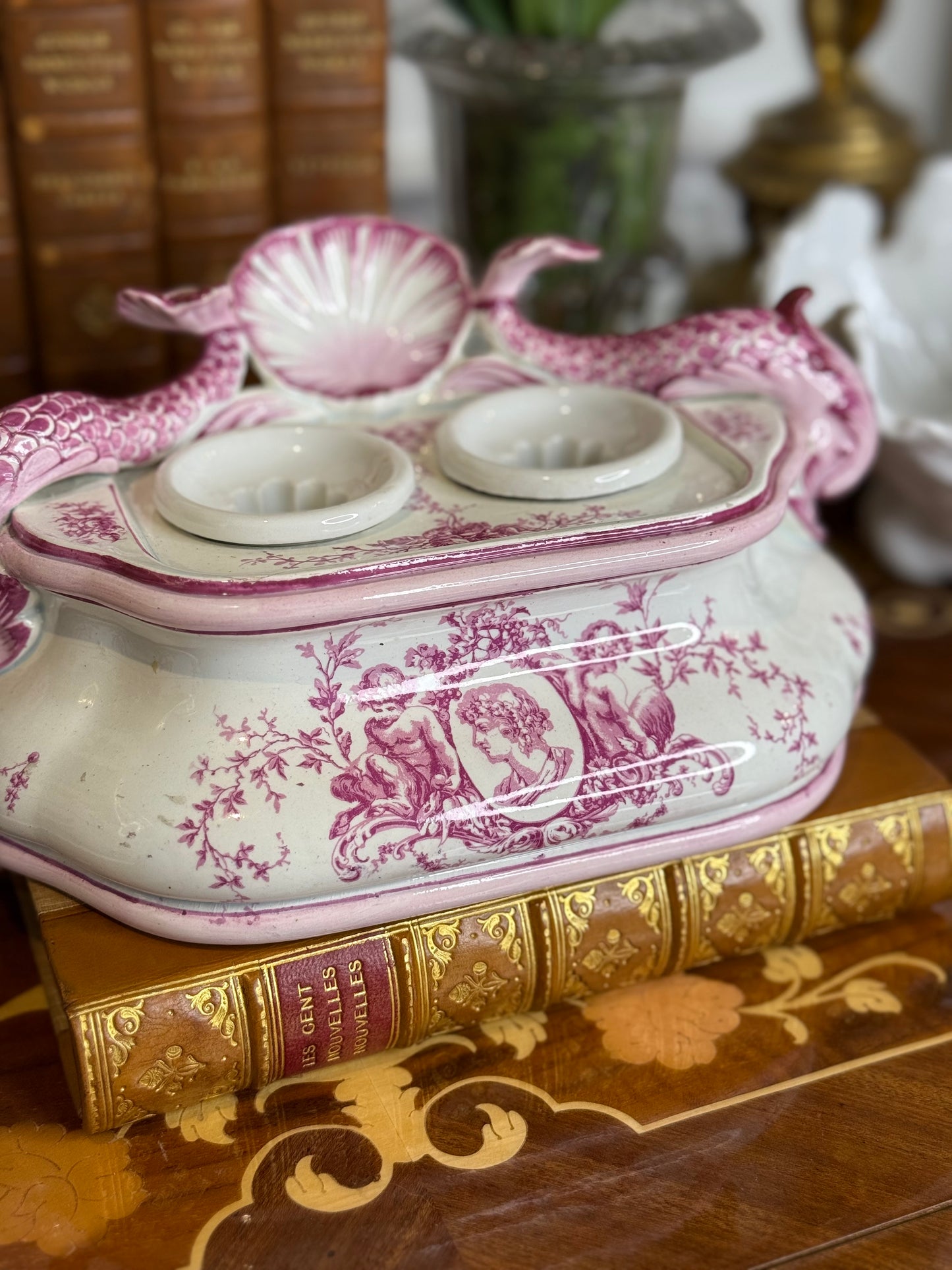 Antique French Pink Transferware Gien Faience Double Inkwell Stand with Dolphin Handles & Shell Pen Tray, c. 1875–1900, 8”W x 4”D x 5”H