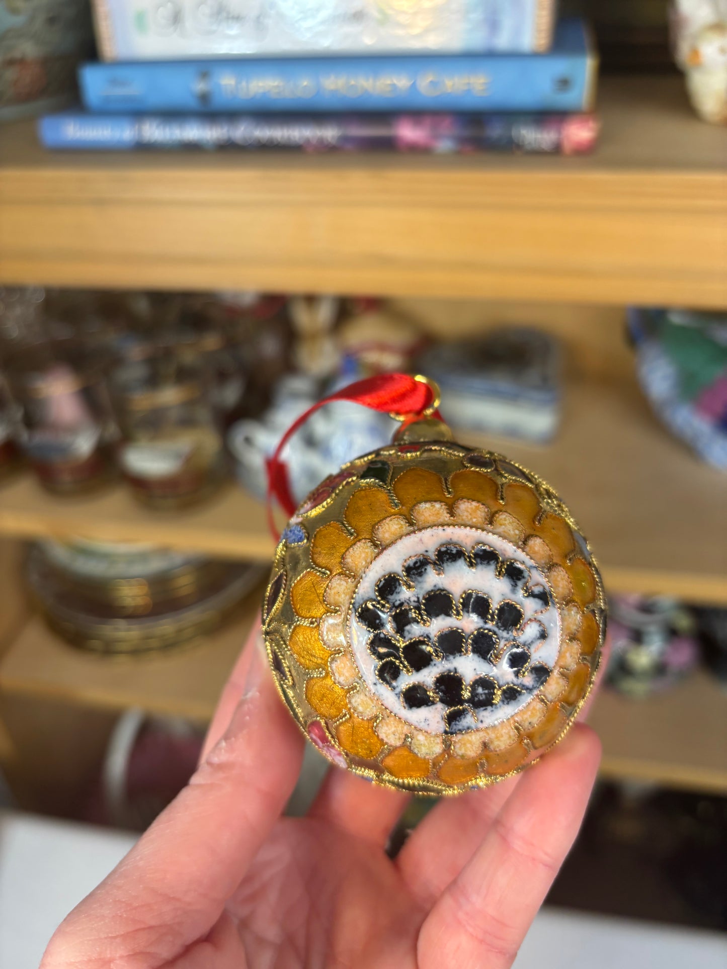 Beautiful sunflower cloisonné ornament with butterflies!