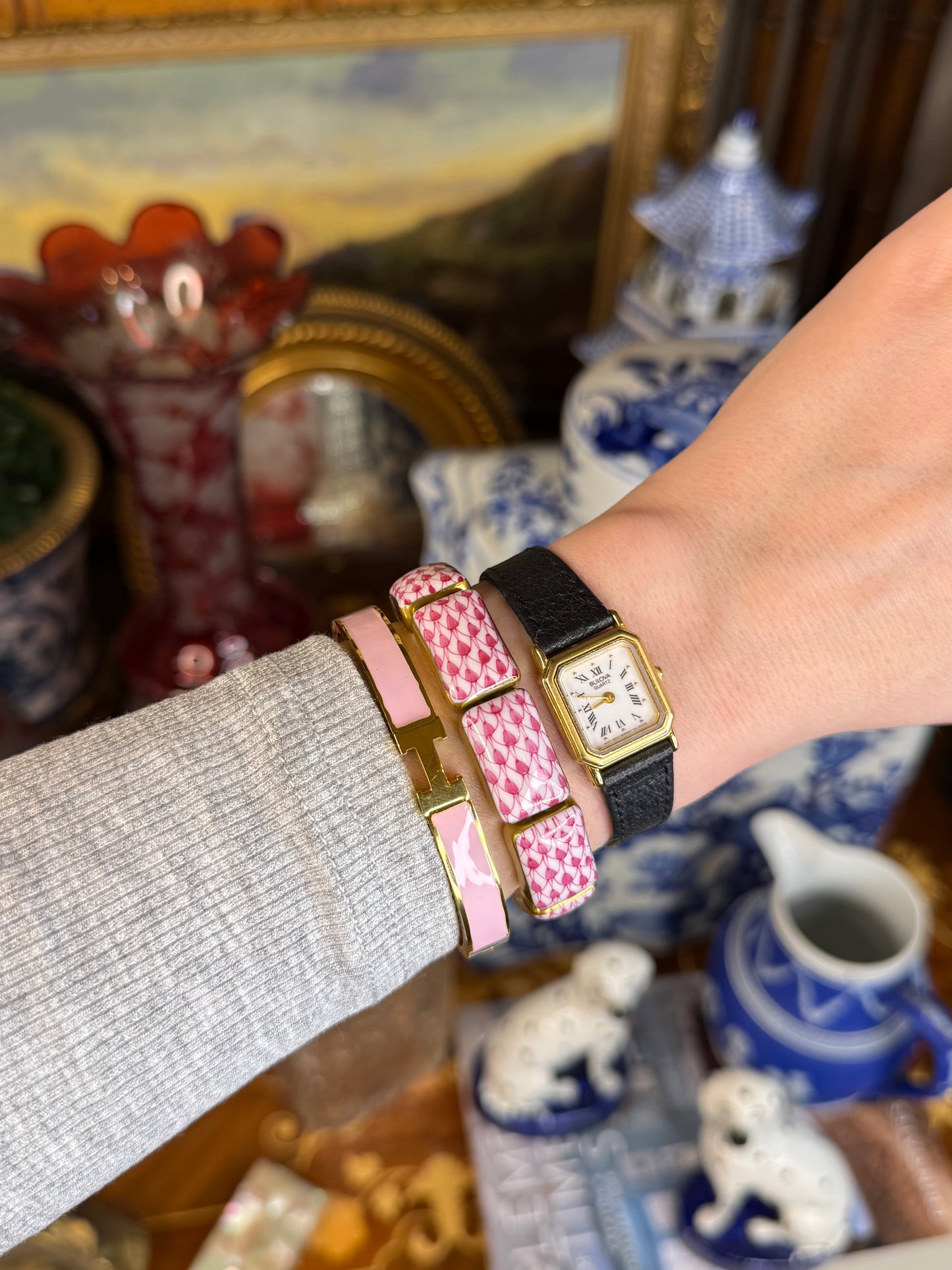 Pink Enamel “H” Gold Hinged Bangle Bracelet W/ Box