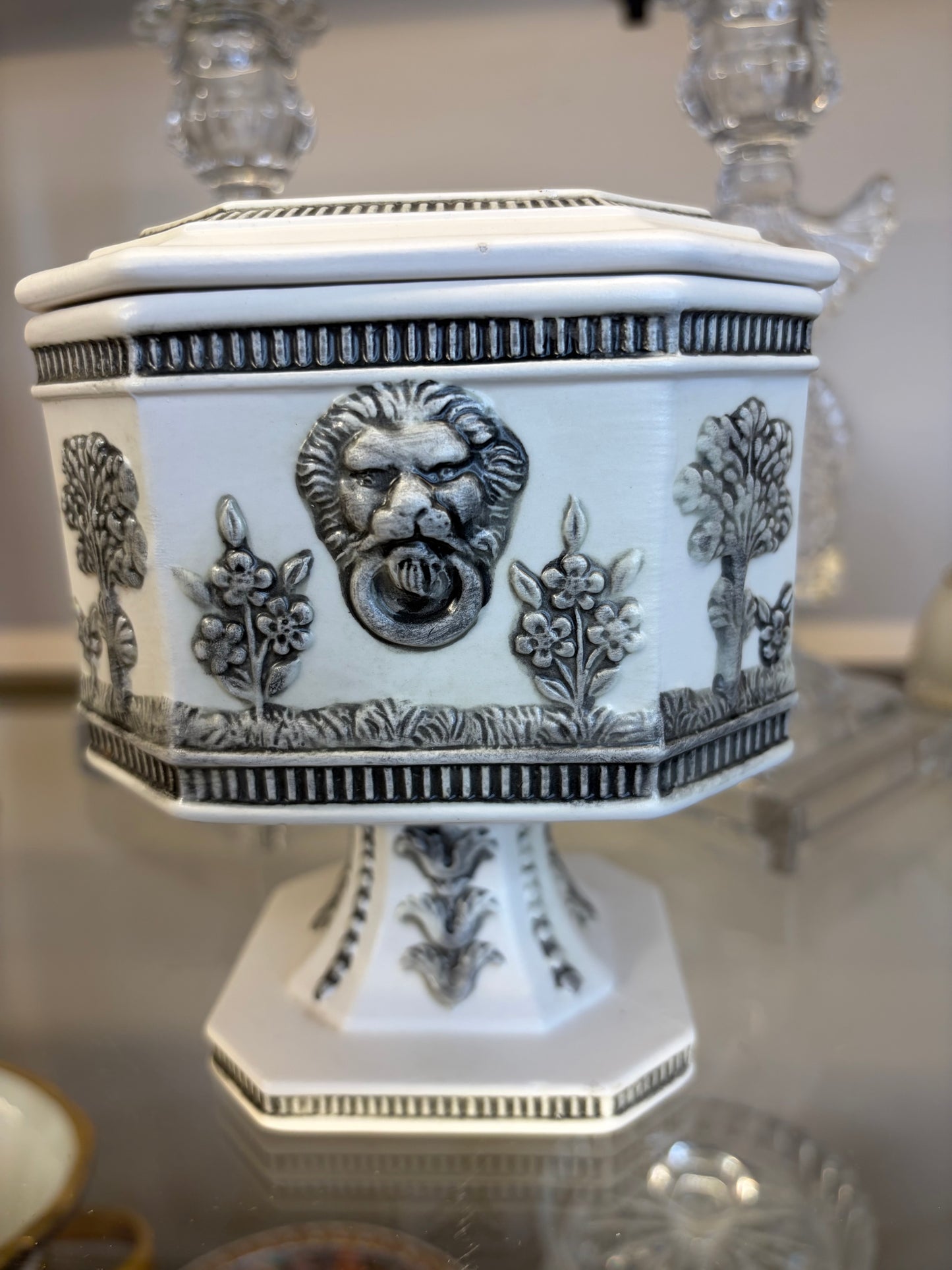 Lovely vintage porcelain bisque relief lidded pedestal dish with lions!