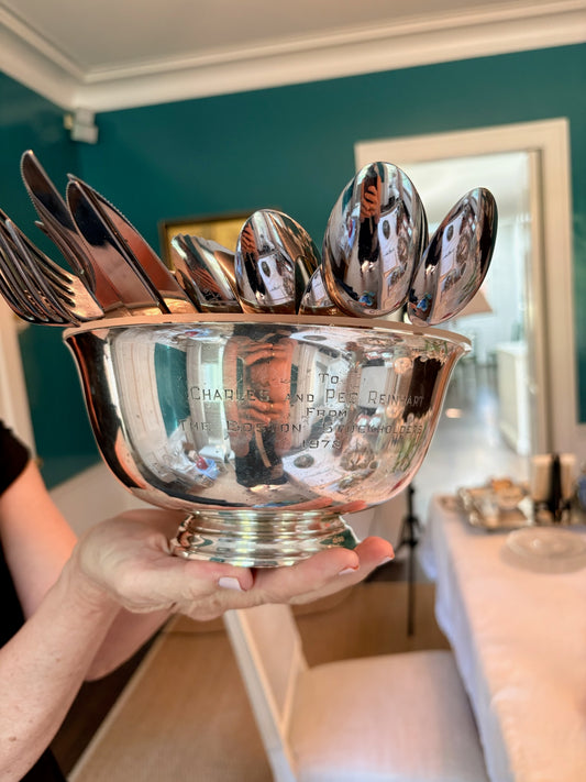 WCCR Charitable Item #164 | Monogrammed 1978 “Boston Stockholders” Reed & Barton Sterling Silver Revere Bowl #1455 with Glass Liner | 557g | 8"D