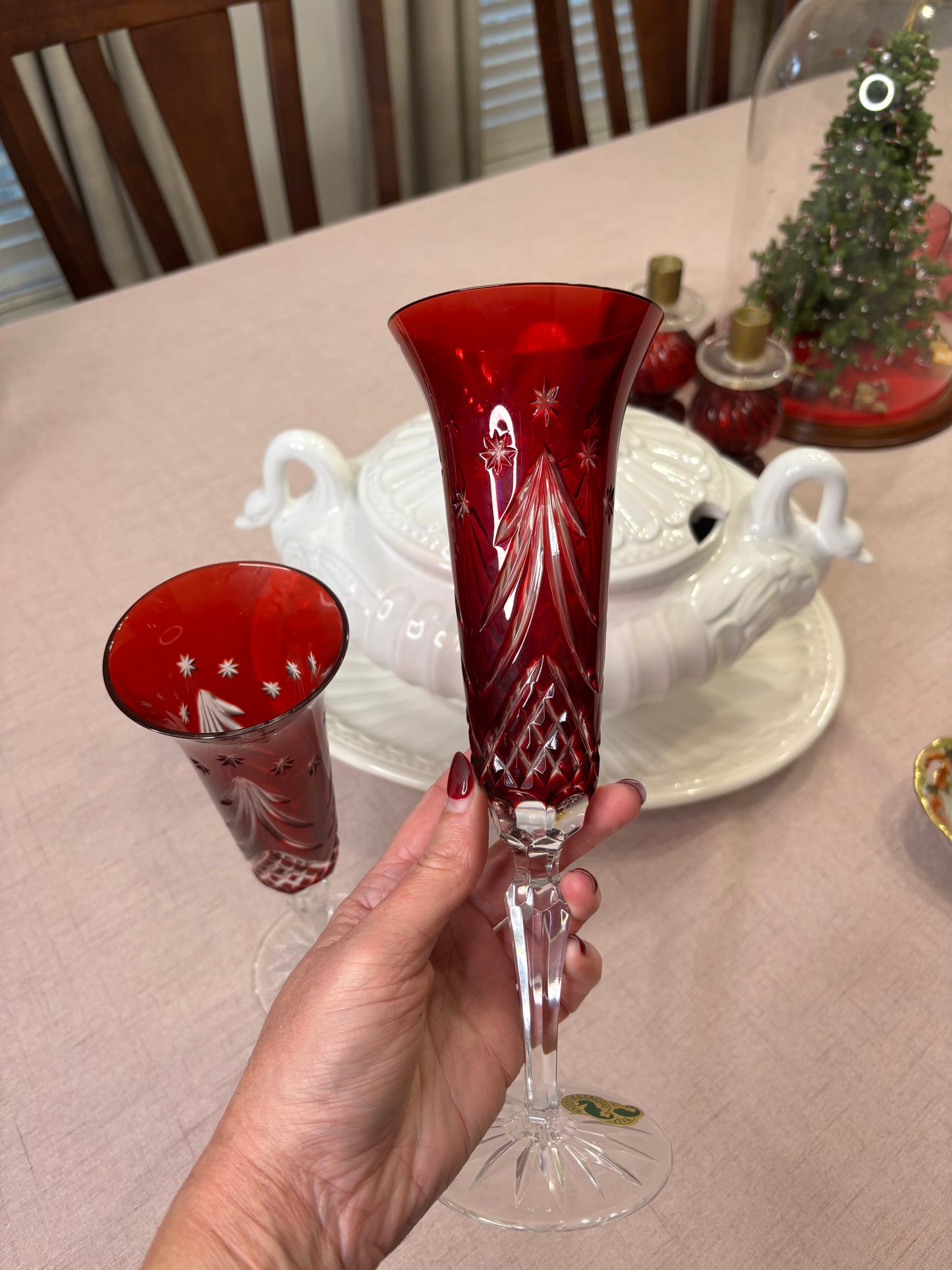 Stunning Waterford Crystal Red Champagne Flutes pair!