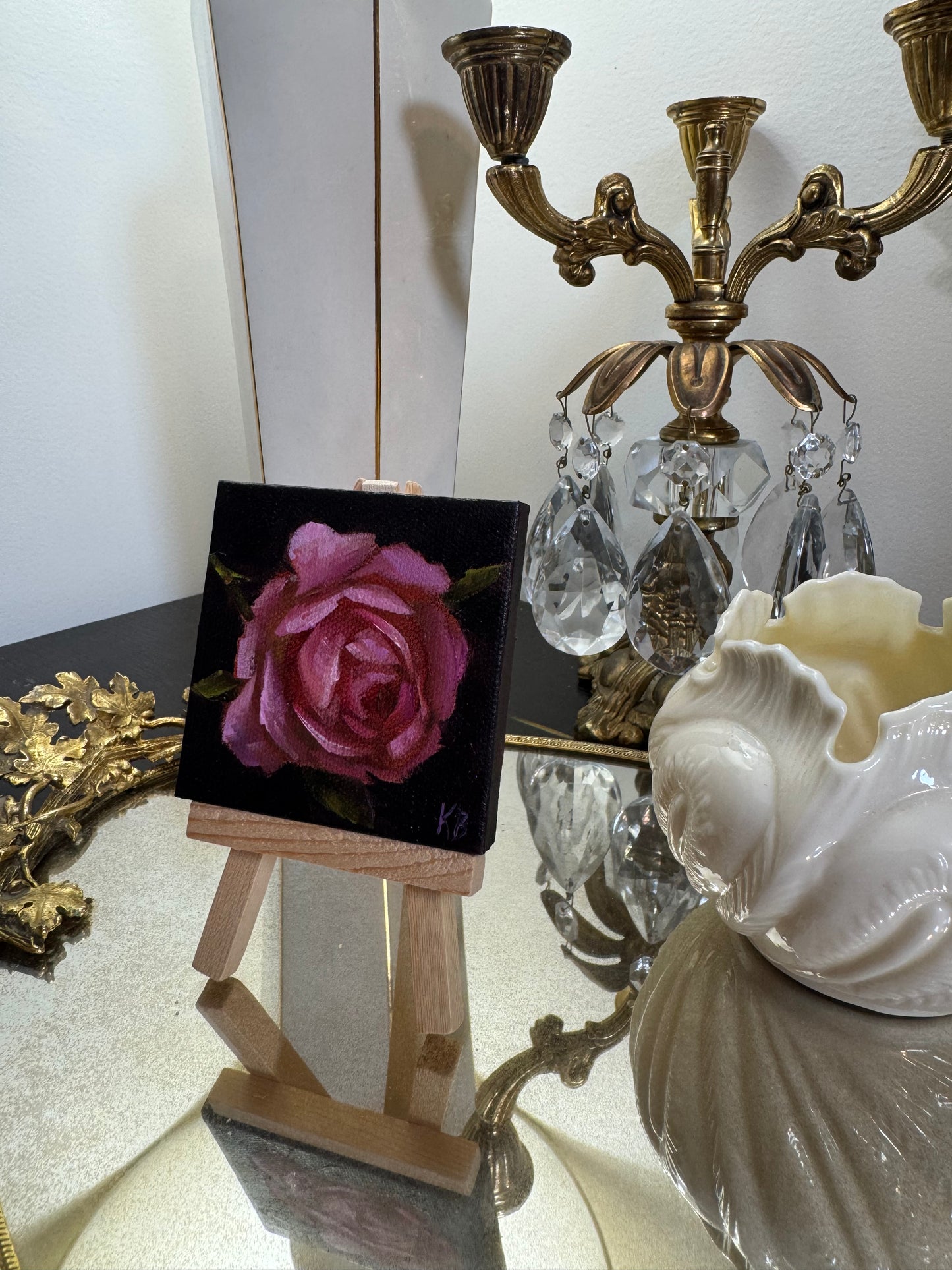 Live 06/19 mini art dark pink rose original oil paintings on stretched canvas 3x3”