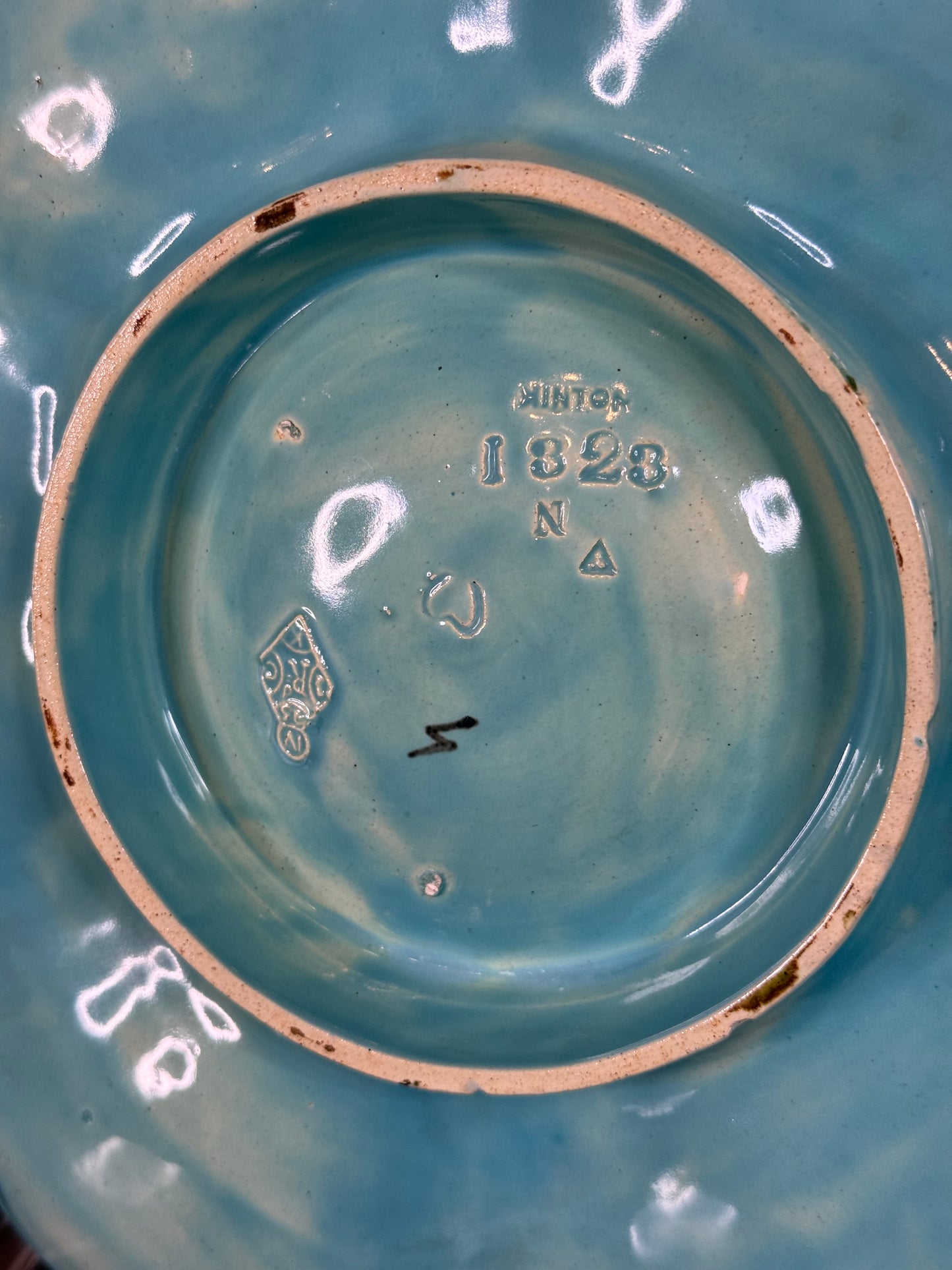 Antique Minton Majolica Oyster Plate | Turquoise & Shell Motif | 9” Diameter