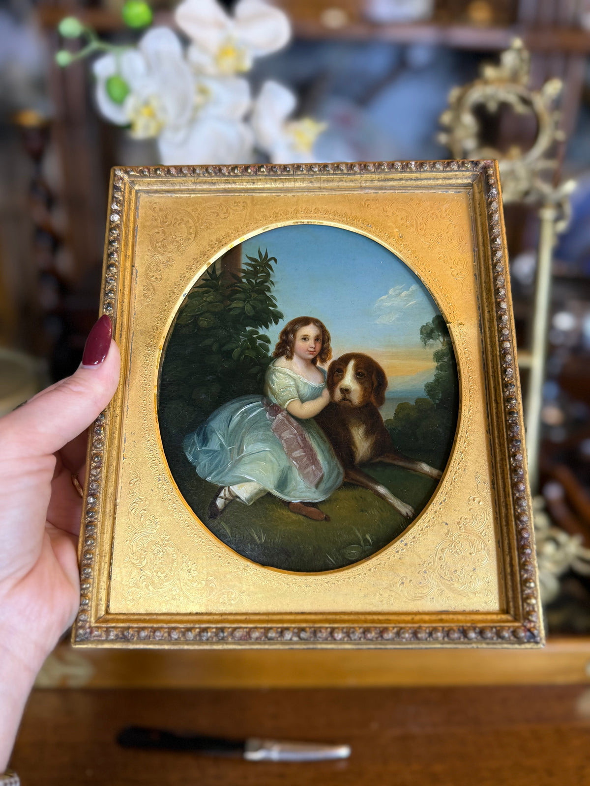 Antique c.1850 Oil on Tin After Franz Xaver Winterhalter | Mlle Virginie de Sainte-Aldegonde with Mastiff | Original Gilt Wood Frame | 8” × 7”