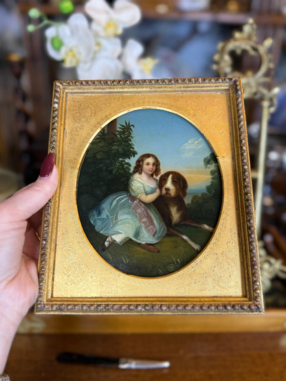 Antique c.1850 Oil on Tin After Franz Xaver Winterhalter | Mlle Virginie de Sainte-Aldegonde with Mastiff | Original Gilt Wood Frame | 8” × 7”
