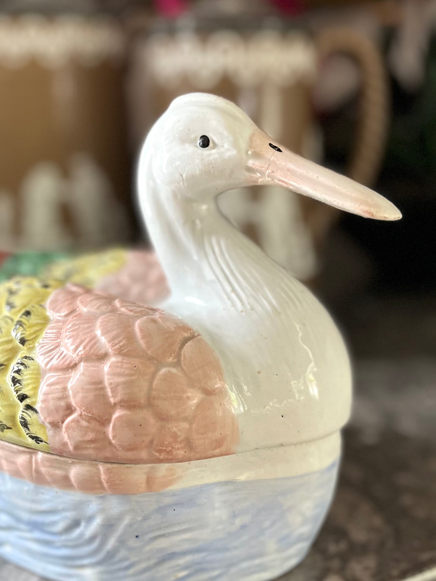 Live 06/22 Antique Staffordshire Duck Tureen | Early 19th-Century Pearlware | Hand-Painted Covered Bird Server -Professional Repair Priced Accordingly