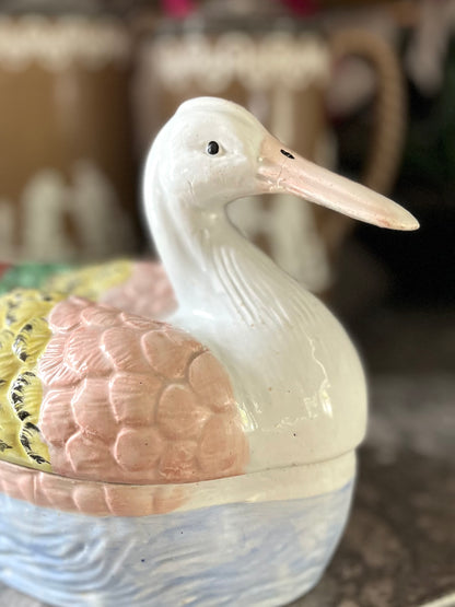Live 06/22 Antique Staffordshire Duck Tureen | Early 19th-Century Pearlware | Hand-Painted Covered Bird Server -Professional Repair Priced Accordingly