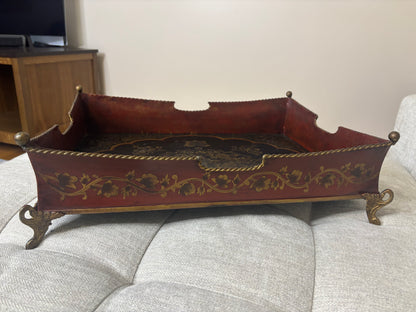 Stunning extra large gallery tole tray with designs and brass feet!
