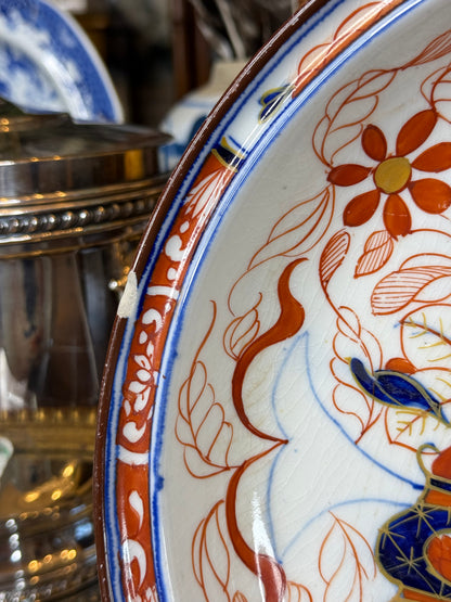 RESERVED - YVONNE - Antique English Ironstone Imari Floral Shallow Bowl | Cobalt Blue, Iron Red & Gilt | Staffordshire Style | 10”D **small chip**