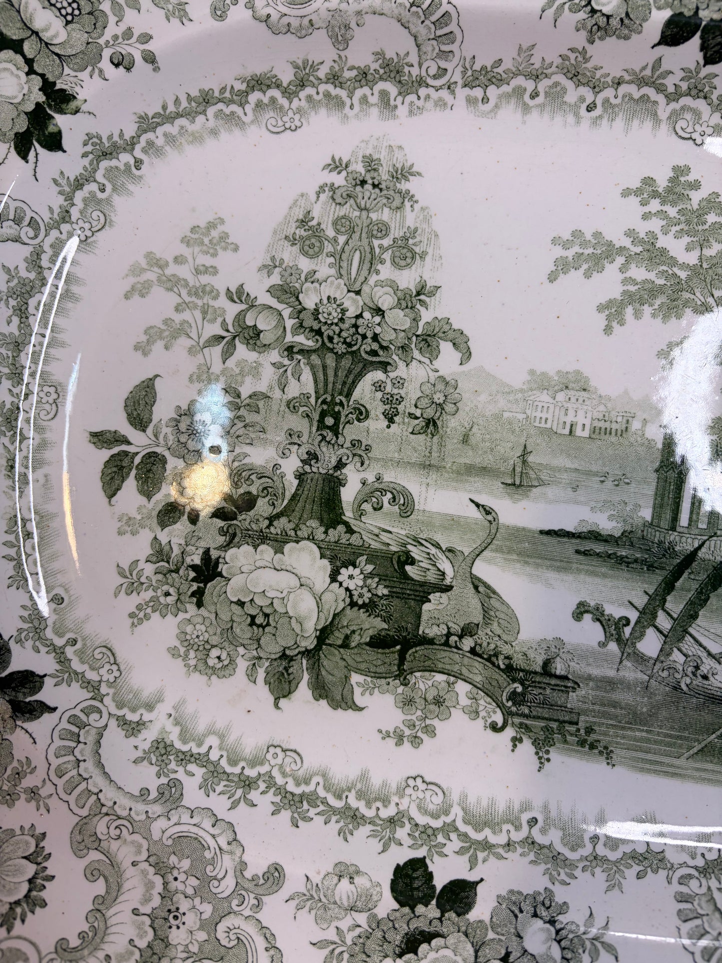 Stunning antique William Adams & Sons "Fountain Scenery" green and white transferware platter with strainer!
