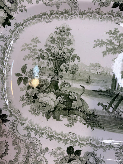 Stunning antique William Adams & Sons "Fountain Scenery" green and white transferware platter with strainer!