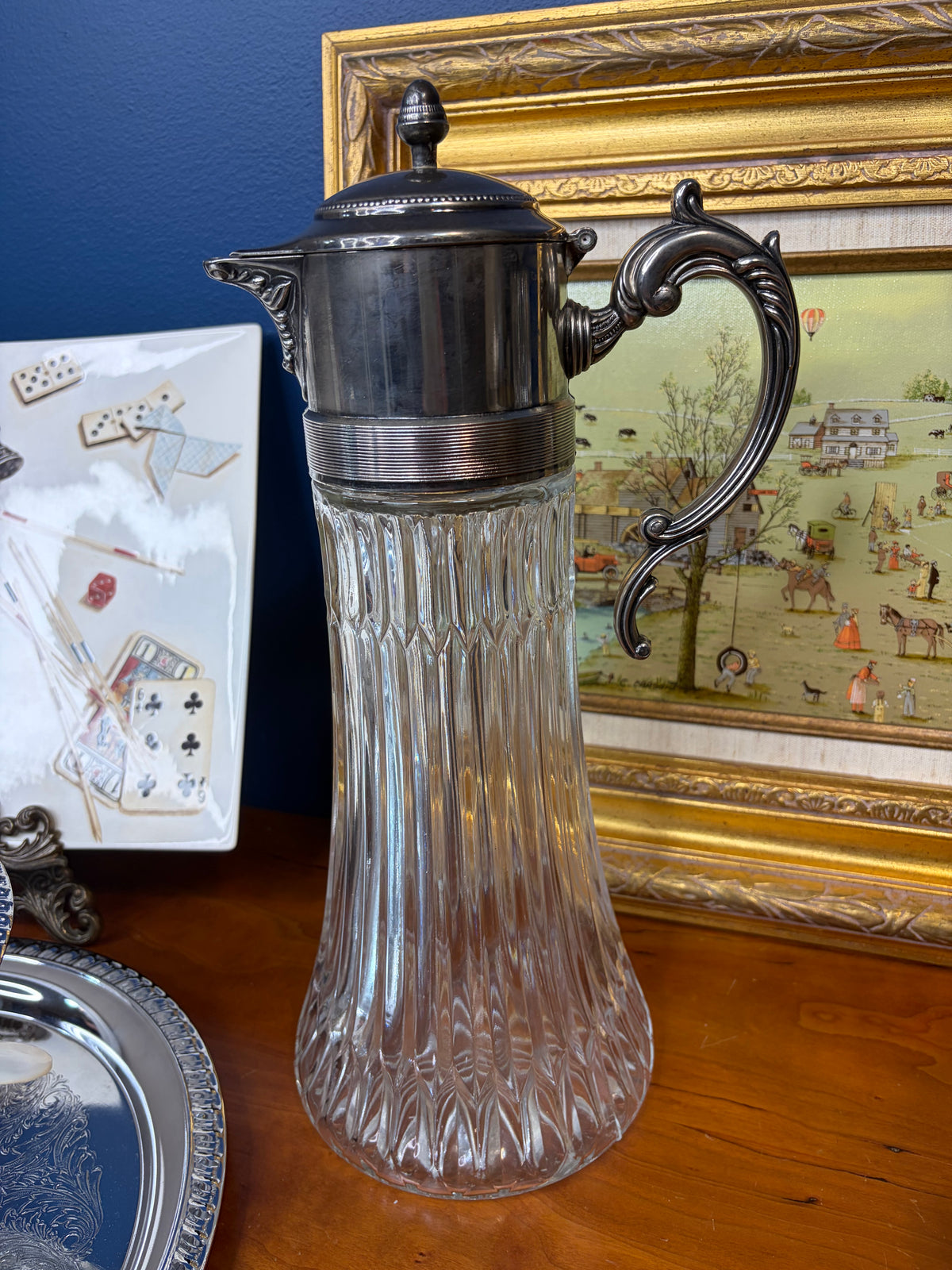 Vintage carafe cut glass pitcher with silver top!