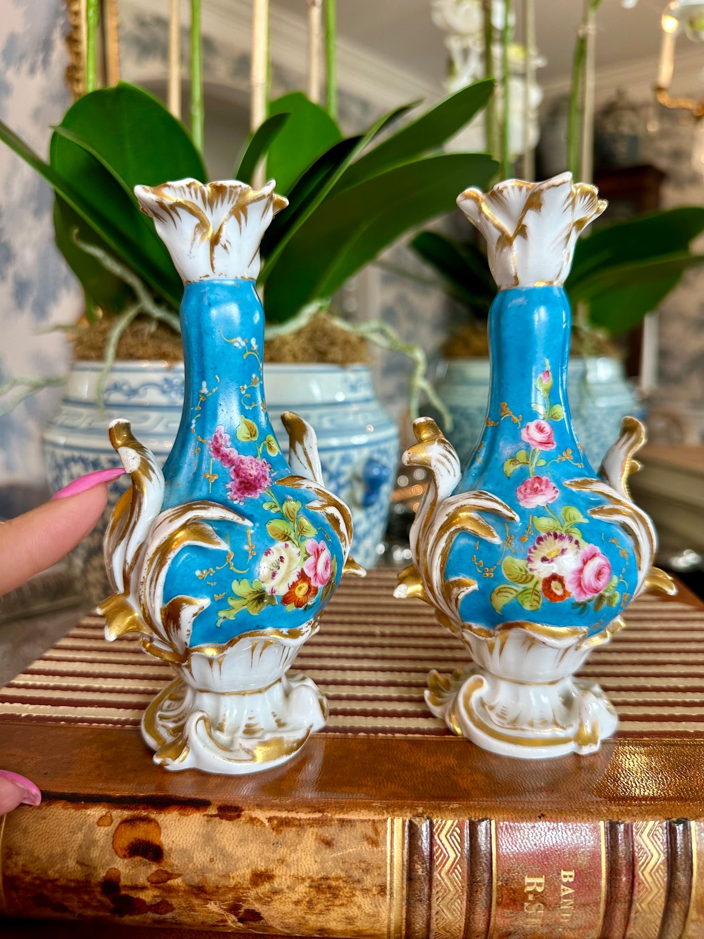 Beautiful Pair of 19thc Paris Porcelain Victorian Miniature Garniture Vases