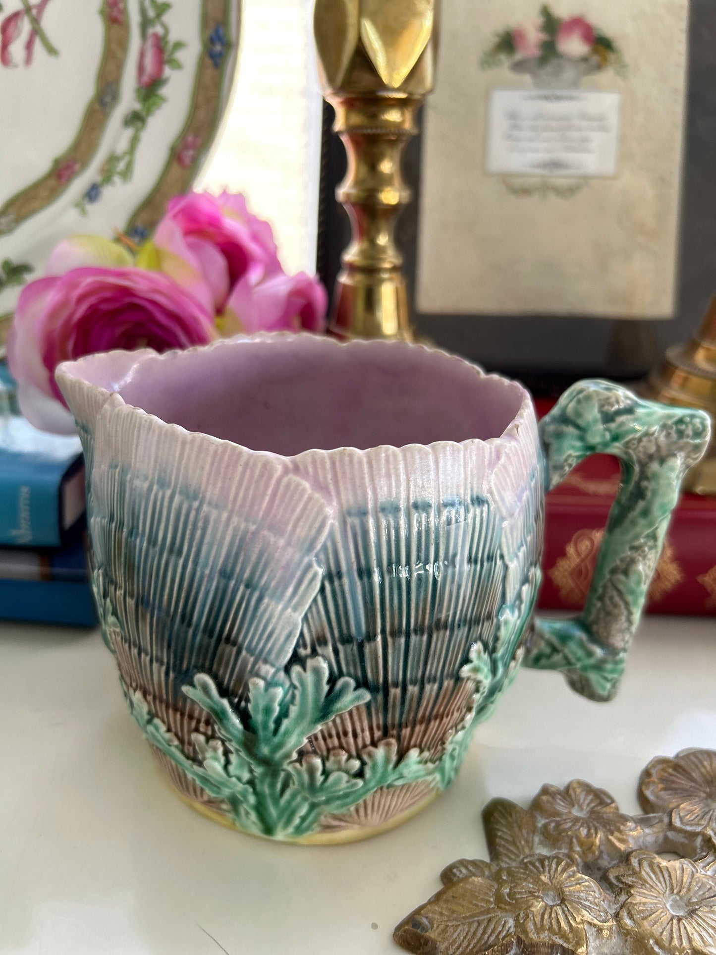 Shell and Seaweed Etruscan Majolica Pitcher Pink and Green