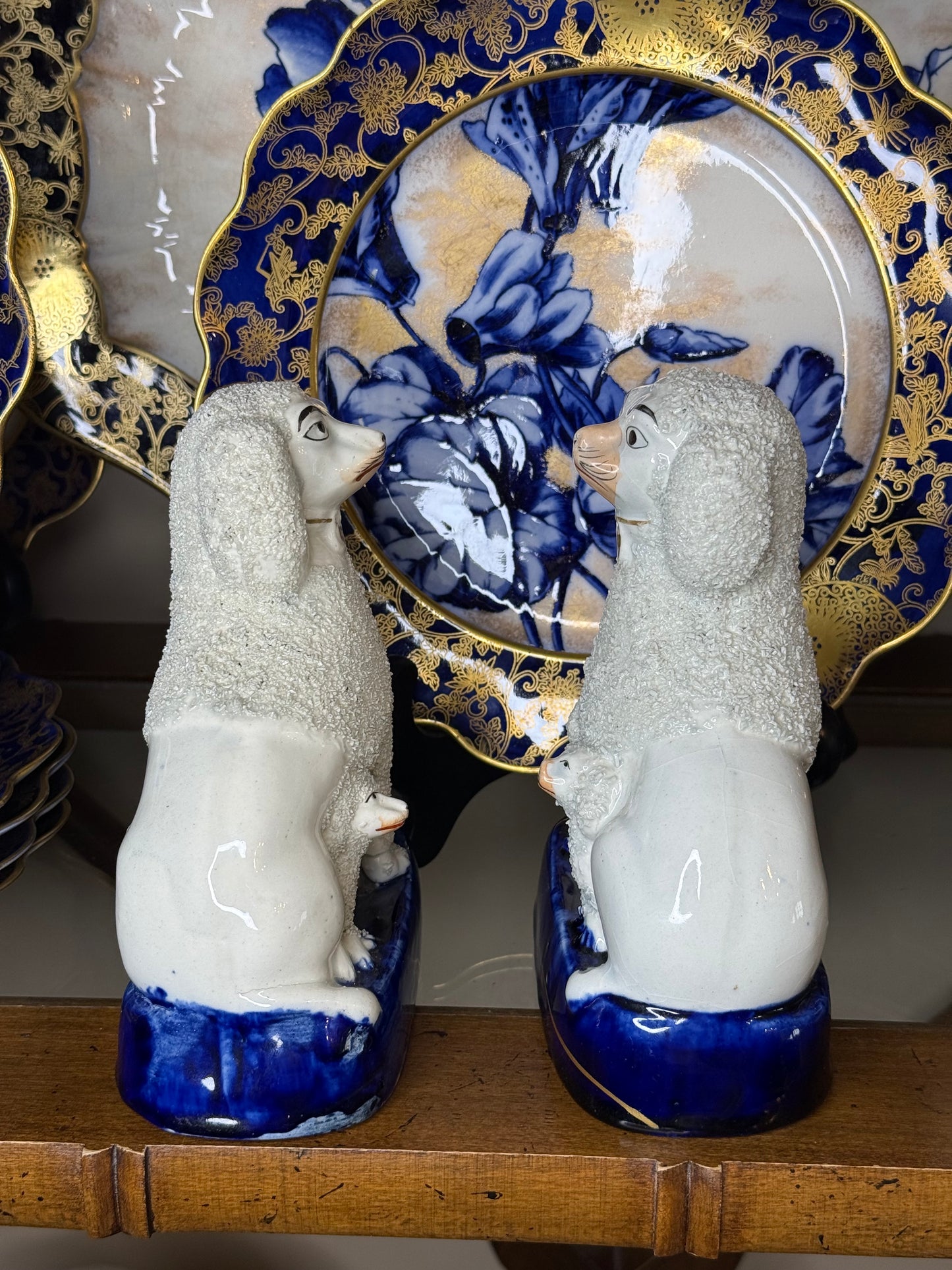 Antique Pair, 7” Tall Staffordshire Confetti Poodle & Puppy Figures | Pair | Style DA4348