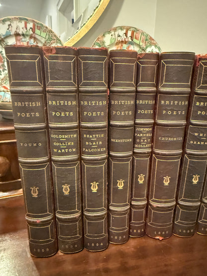 On Hold - Antique Set of 11 Leather Bound Marbled Front Books with Gold Leaf Pages - British Poets (1853-1859)