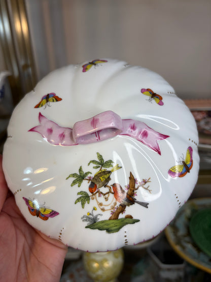 Gorgeous Herend Rothschild porcelain covered bonbon dish featuring hand-painted bird and butterfly motifs with a pink ribbon finial!