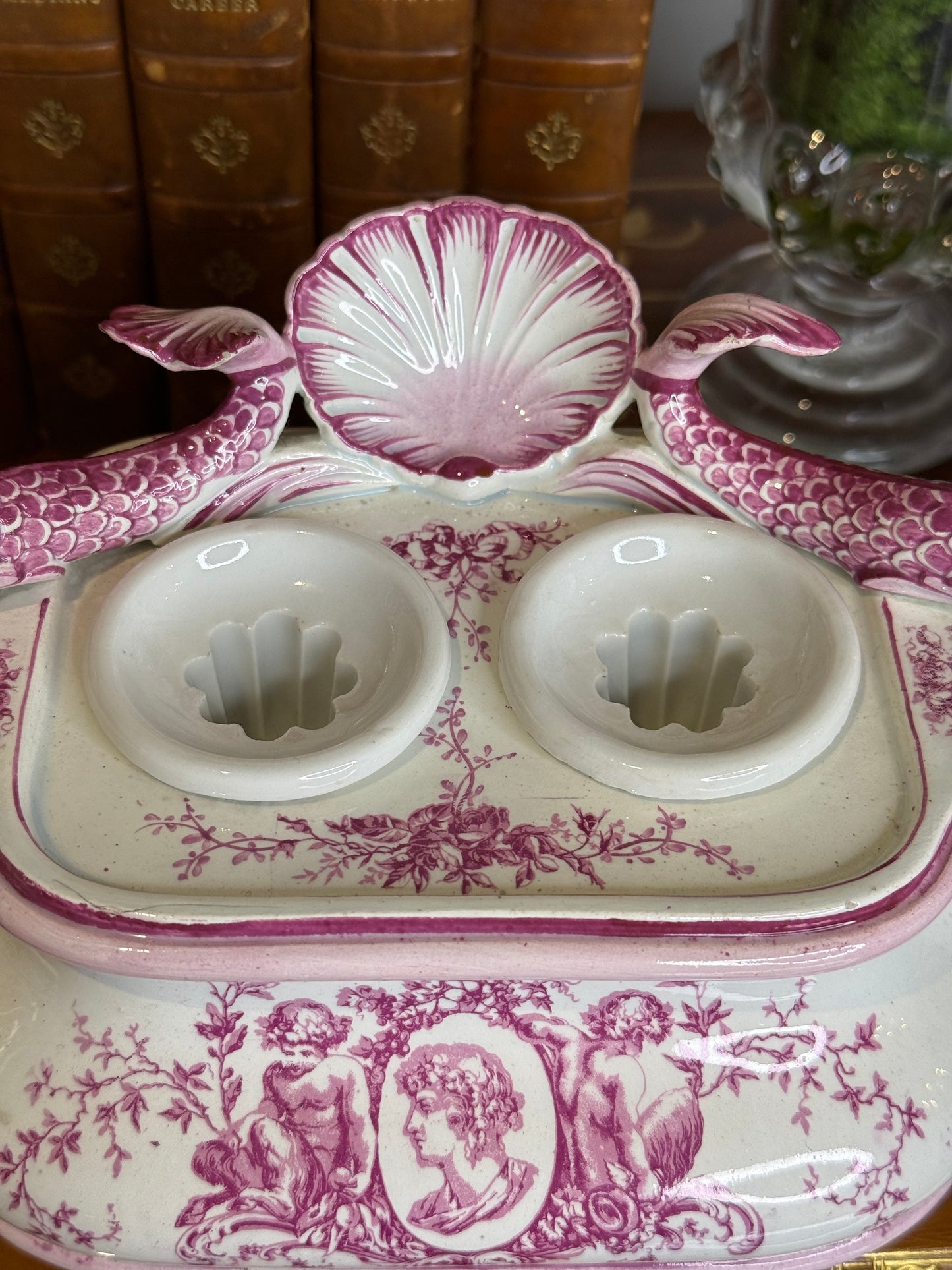 Antique French Pink Transferware Gien Faience Double Inkwell Stand with Dolphin Handles & Shell Pen Tray, c. 1875–1900, 8”W x 4”D x 5”H