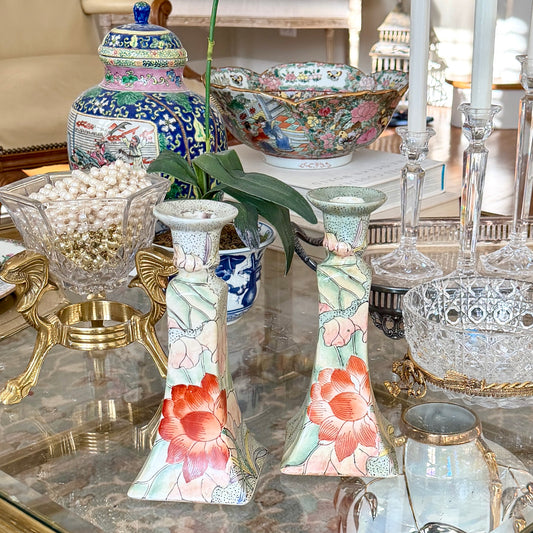 Pair of vintage chinoiserie tall candlestick holders.