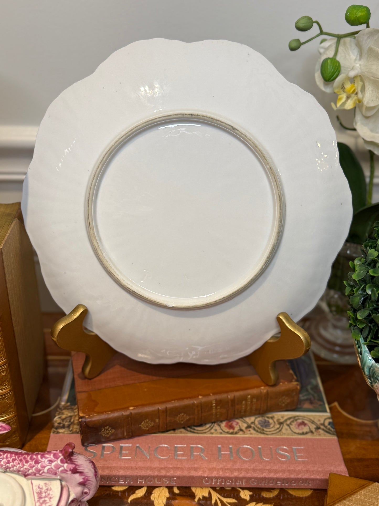 Antique German Porcelain Oyster Plate | Pink, White & Gold Radial Shell Arrangement | 10.5” Diameter