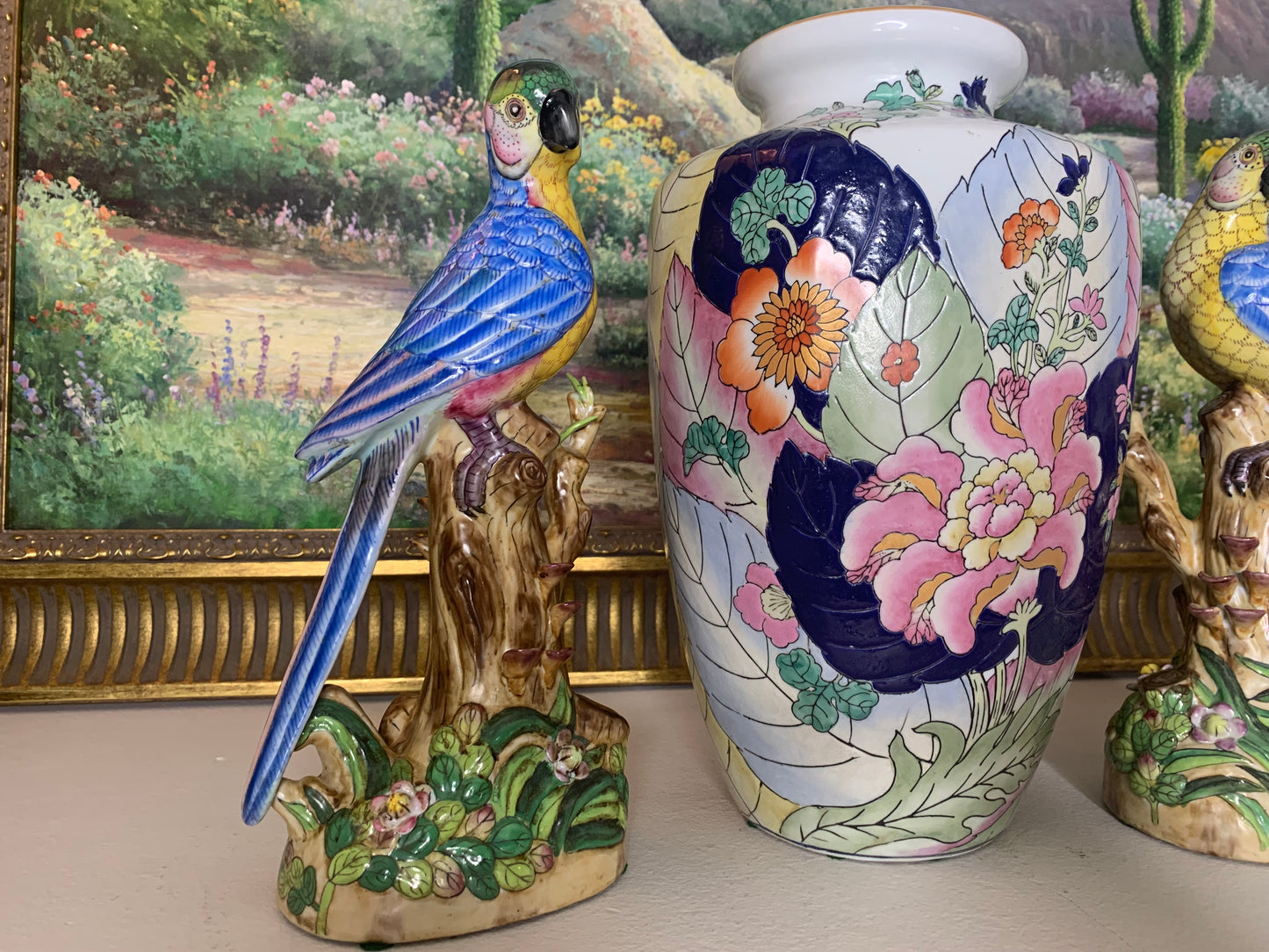 Stunning 11” tall Andrea by Sadek parrots with vivid hues, flowers, and intricate details! Excellent condition!
